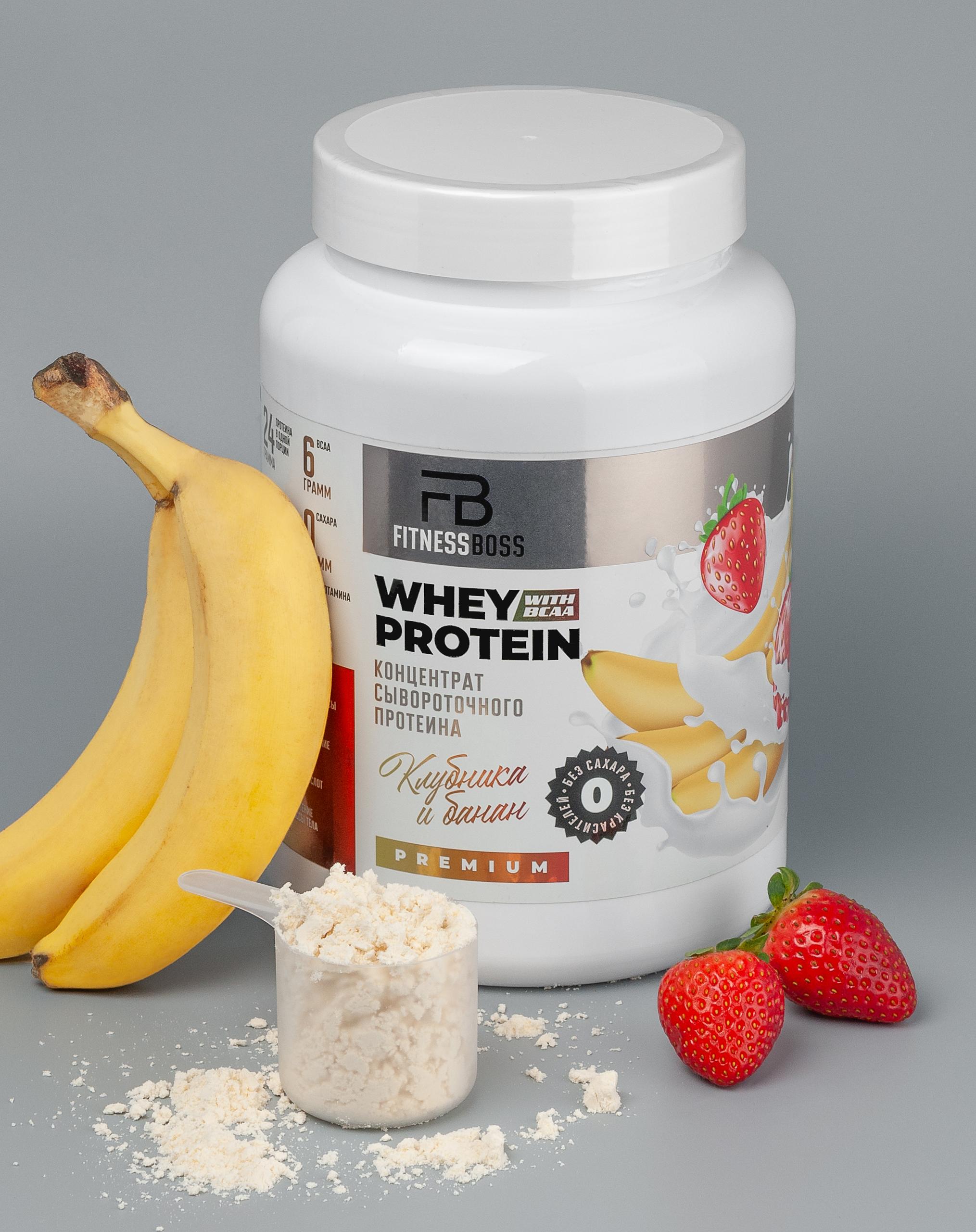 картинка Сывороточный протеин FitnessBoss, вкус "Клубника и банан" 